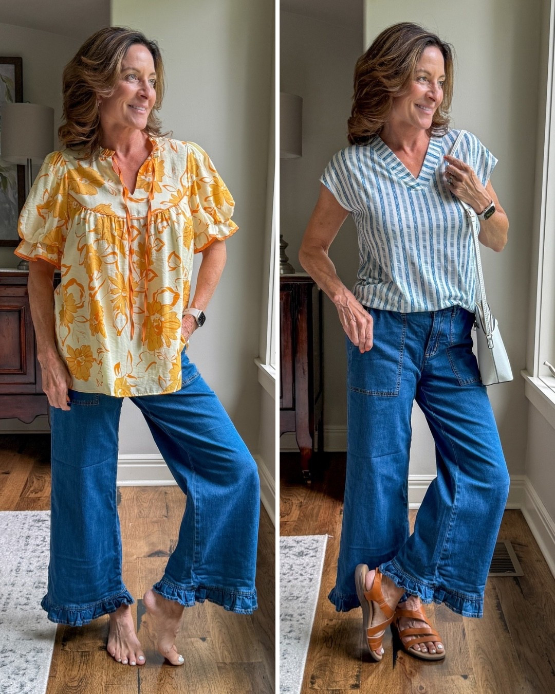 Ruffled denim crop pants for summer—elastic waistband for extra comfort. 

#denimpants #summeroutfits # casualstyle