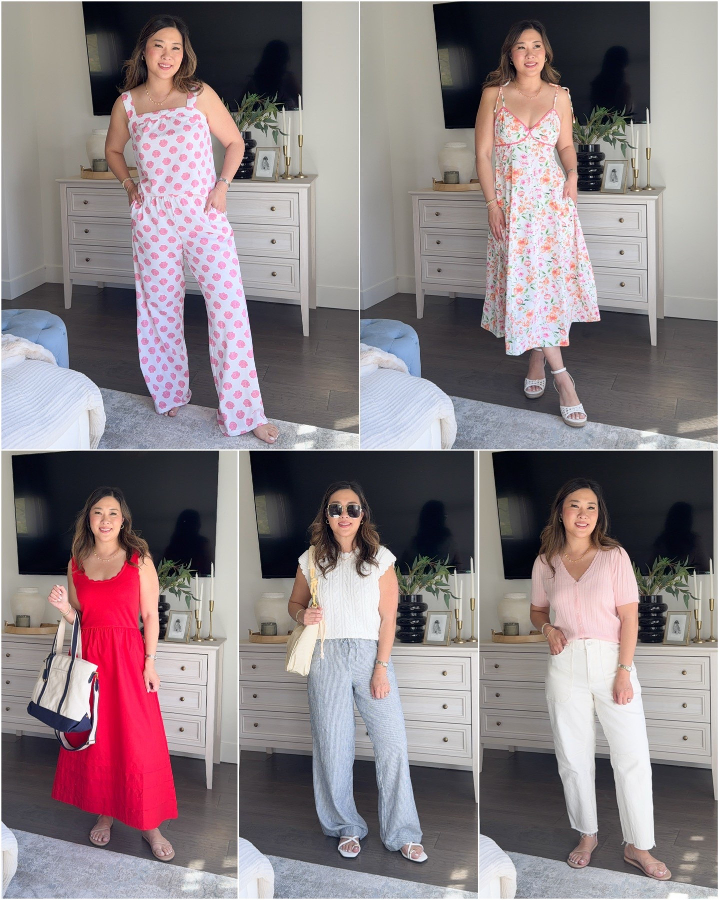 Walmart Spring Fashion
PJ Set: Medium
Floral Dress: Small
Red Tank Dress: Small (could size down)
Sweater Tank: Medium
Striped Pants: Small
Pink Cardigan: Medium
White Denim: 8