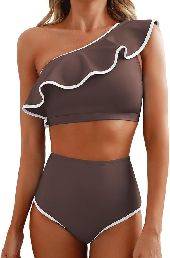 Herseas Women's One Shoulder Bikini Sets Color Block Trim Ruffle Hem Swimsuits Elegant Bathing Su... | Amazon (US)