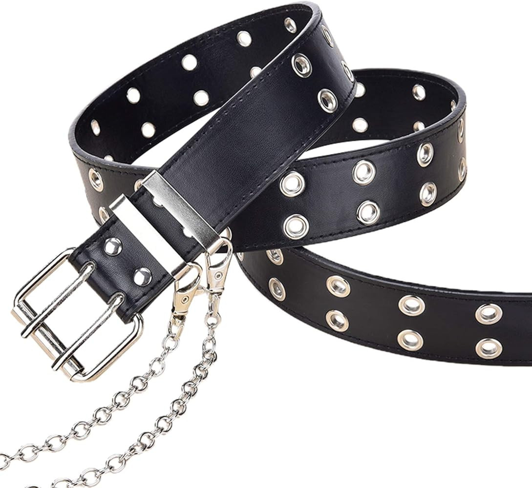 Women Punk Belt Black Double Grommet Stars Adjustable Waist Belt with Chain Hip-hop Style | Amazon (US)