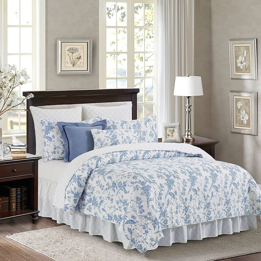 C&F Home Bleighton Blue 3 Piece Full/Queen Quilt Set Blue Floral Print 100% Cotton Lightweight Ma... | Amazon (US)