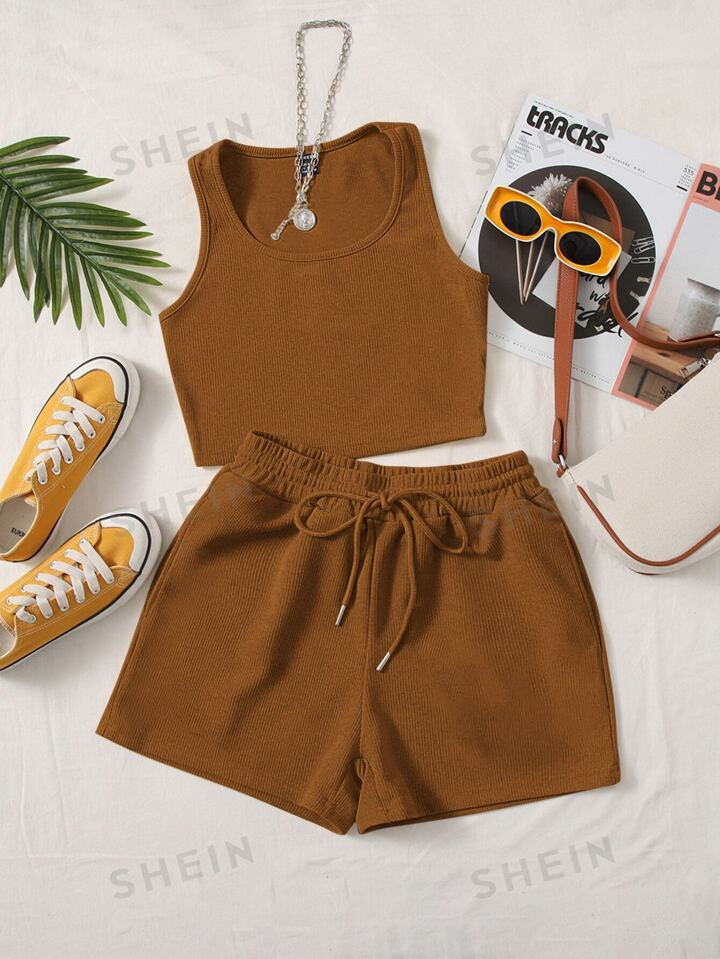 SHEIN EZwear Plus Solid Tank Top & Track Shorts Set | SHEIN