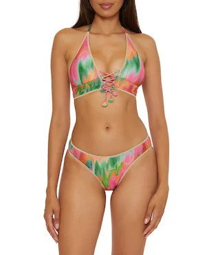 Becca By Rebecca Virtue Mirage Metallic Lace-Up Halter Neck Swim Top & Shirred Back Hipster Swim ... | Dillard's