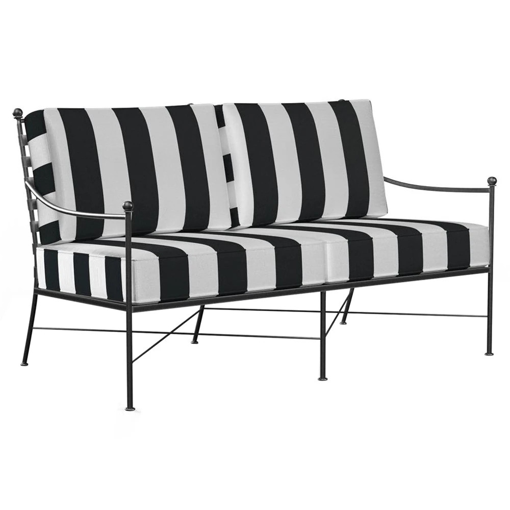 Aurore White Black Stripe Cabana Cushion Metal Outdoor Loveseat | Kathy Kuo Home