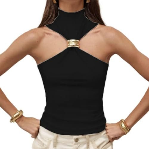 GCZREN Women Sexy Halter Neck Pleated Twist Front Tank Tops Trendy Slim Fit Sleeveless Hollow Out Halter Top Clubwear Black | Amazon (US)