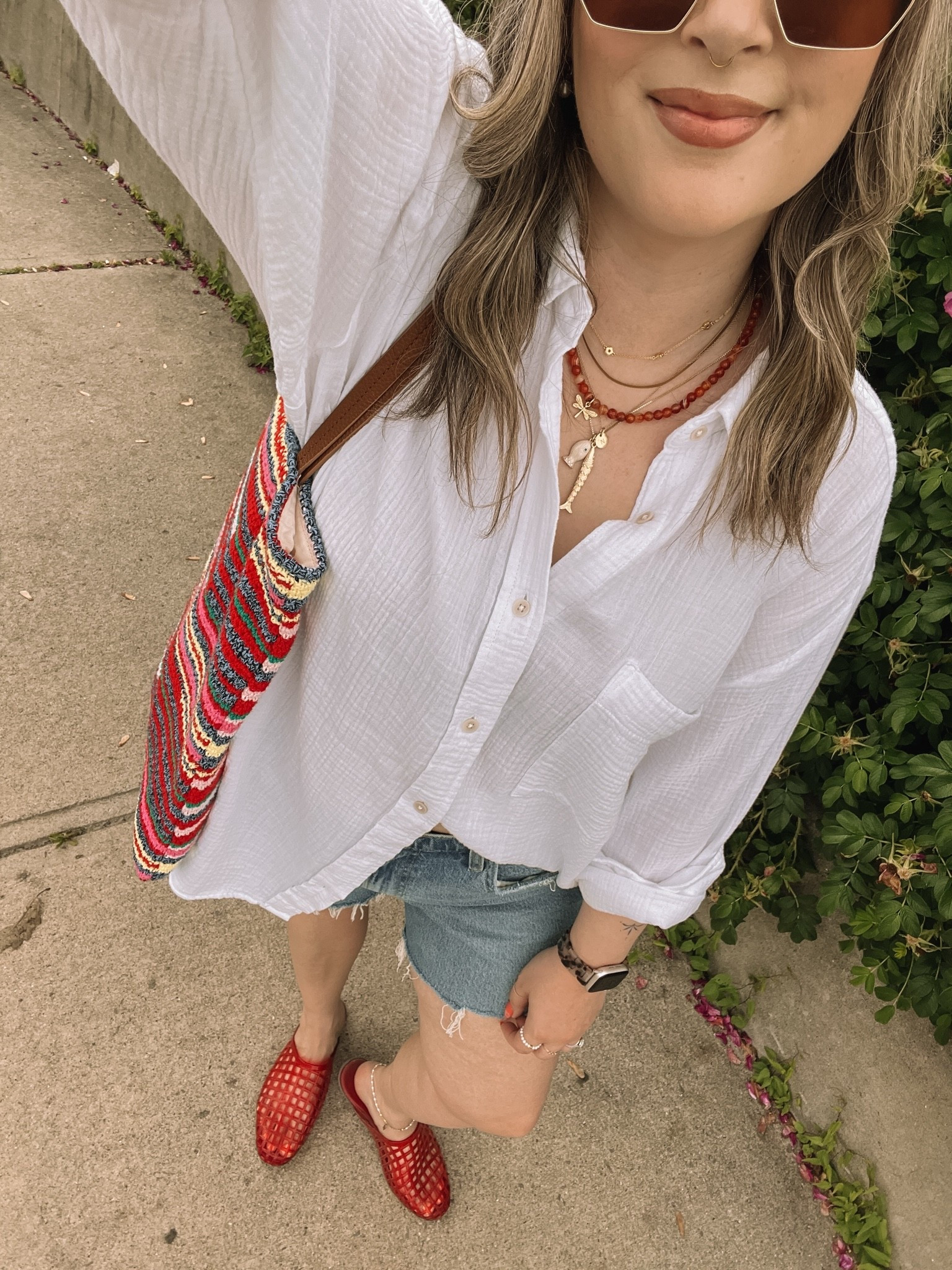 Easy summer outfit! Wearing my usual size L in the white button up shirt, sized up to 32 in the denim shorts. Jelly shoes are quite comfy, I’m a 9.5-10 shoe and wear a 10. Canadian shoe and bag links are under “similar products”

#LTKsummer #LTKmidsize #LTKstyletip