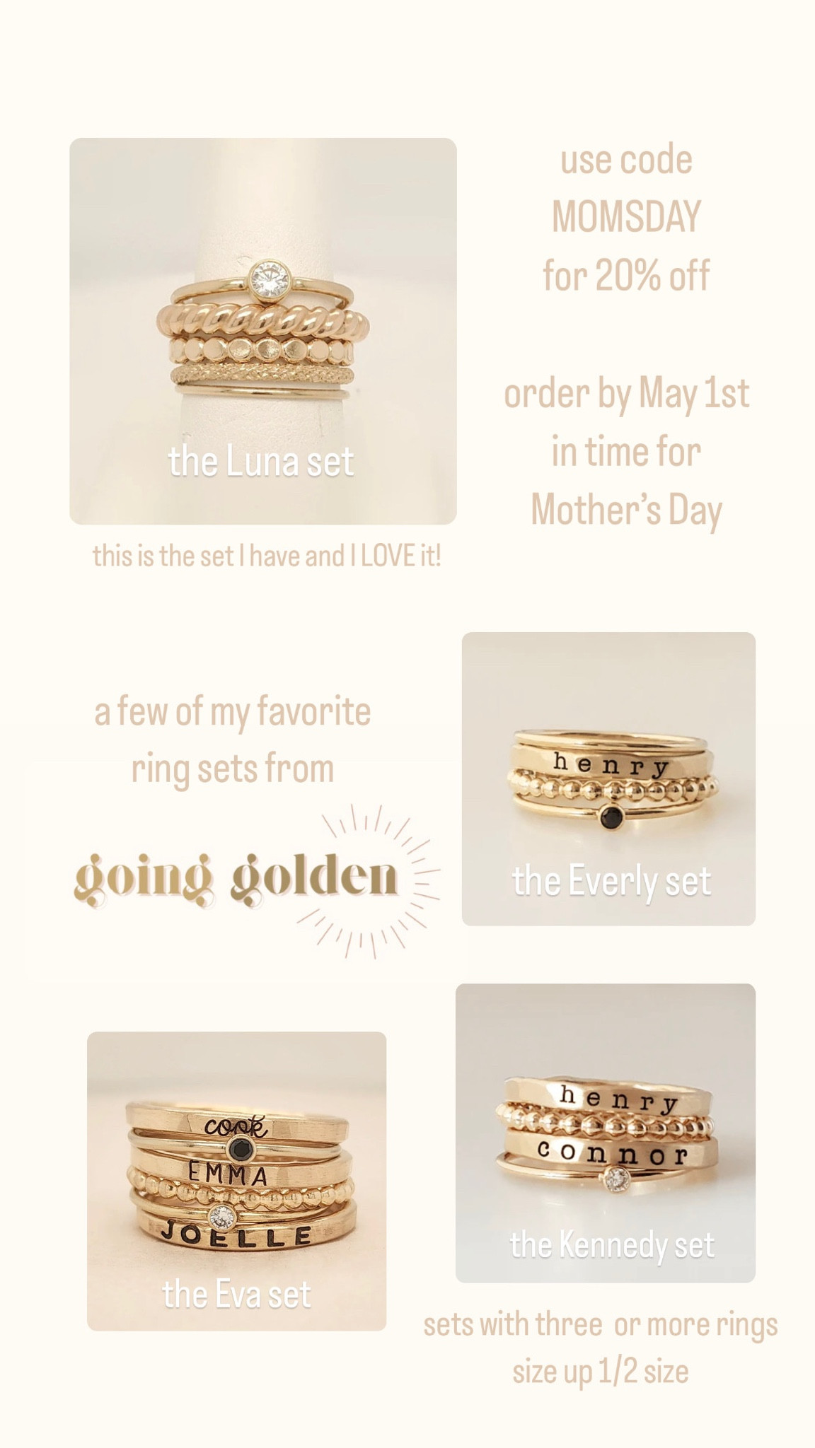 Going Golden ring sets. Mother’s Day gift idea. Personalized jewelry.  