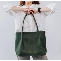 Handmade Green Leather Tote Bag Zippered Shopping Purse | Etsy (US)