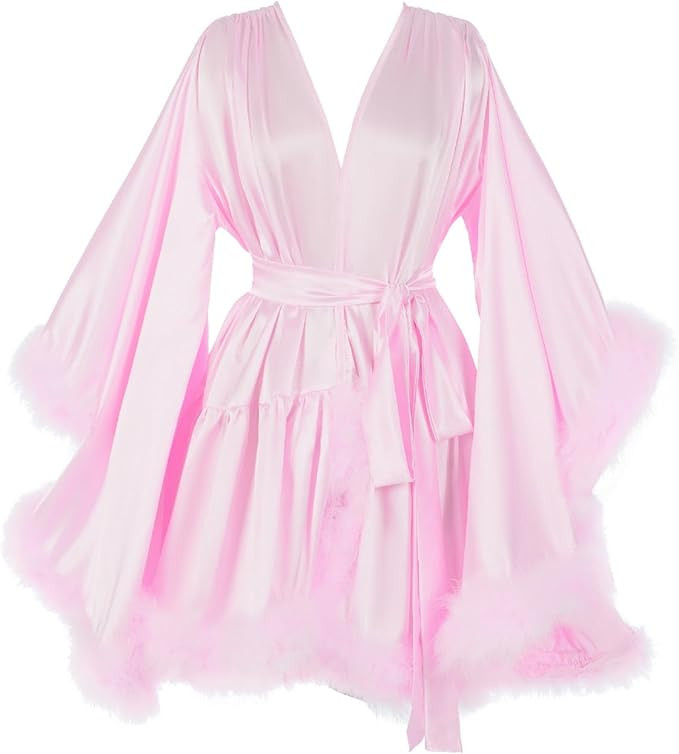 Women's Feather Bridal Robes Silk Satin Bridal Dressing Gown Sexy Illusion Lingerie Sleepwear | Amazon (US)