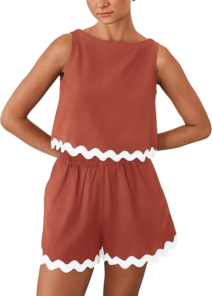 PRETTYGARDEN Womens 2 Piece Beach Vacation Cropped Tank Top High Waist Shorts Set | Amazon (US)