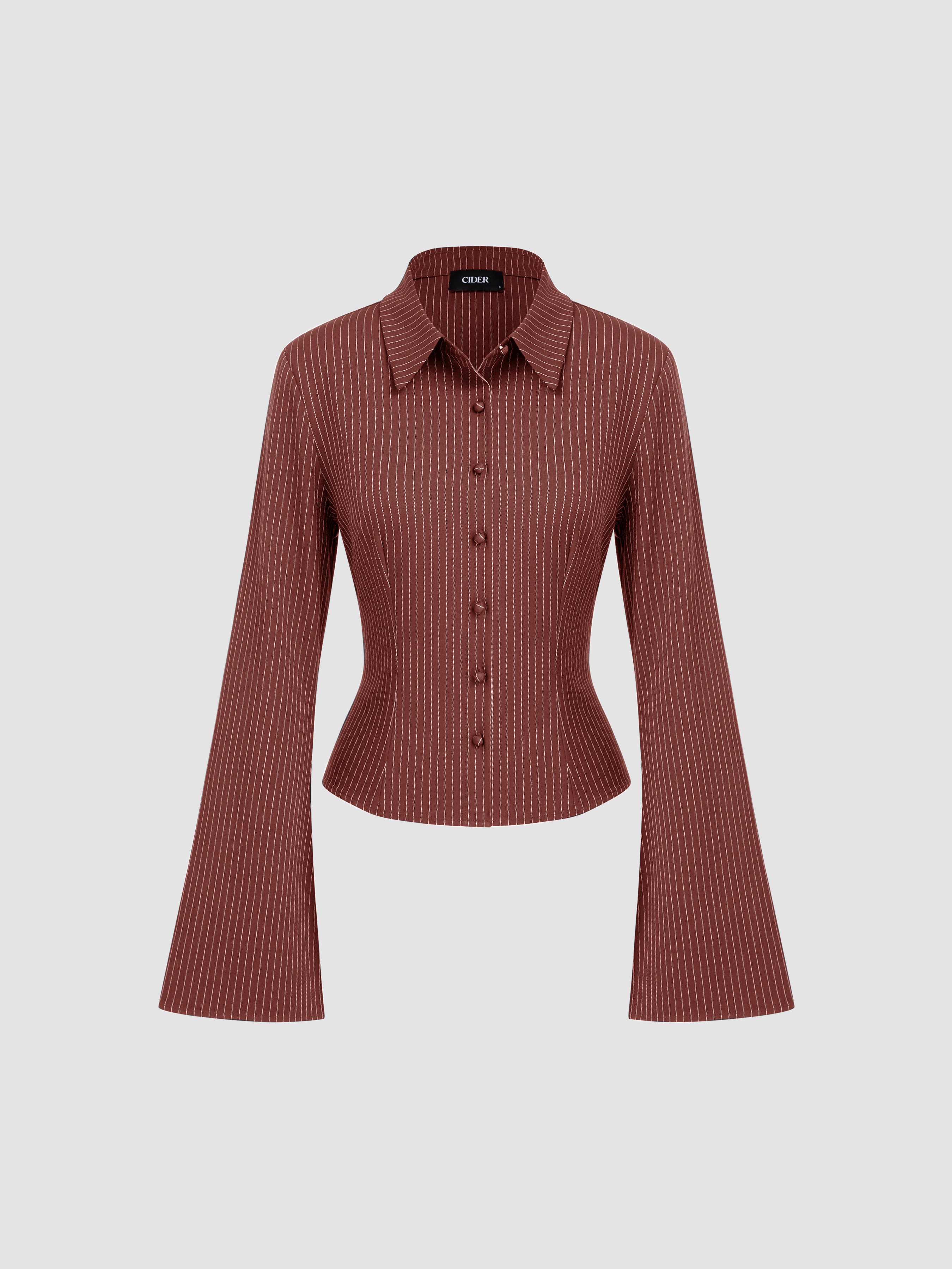 Woven Collar Striped Cinched Waist Bell Sleeve Shirt For School | Cider