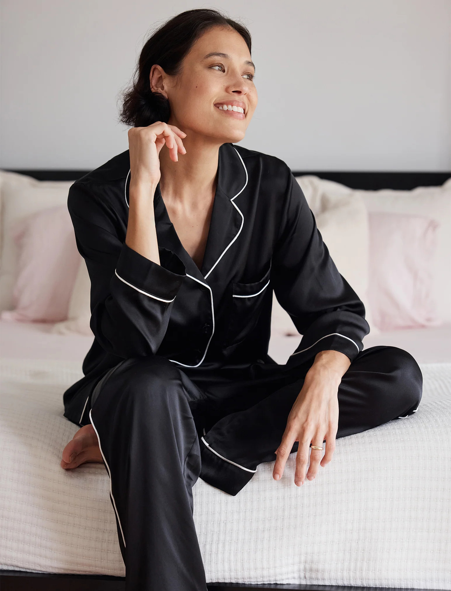 Sylvie Silk Piped Full Length PJ Set | Papinelle Sleepwear US