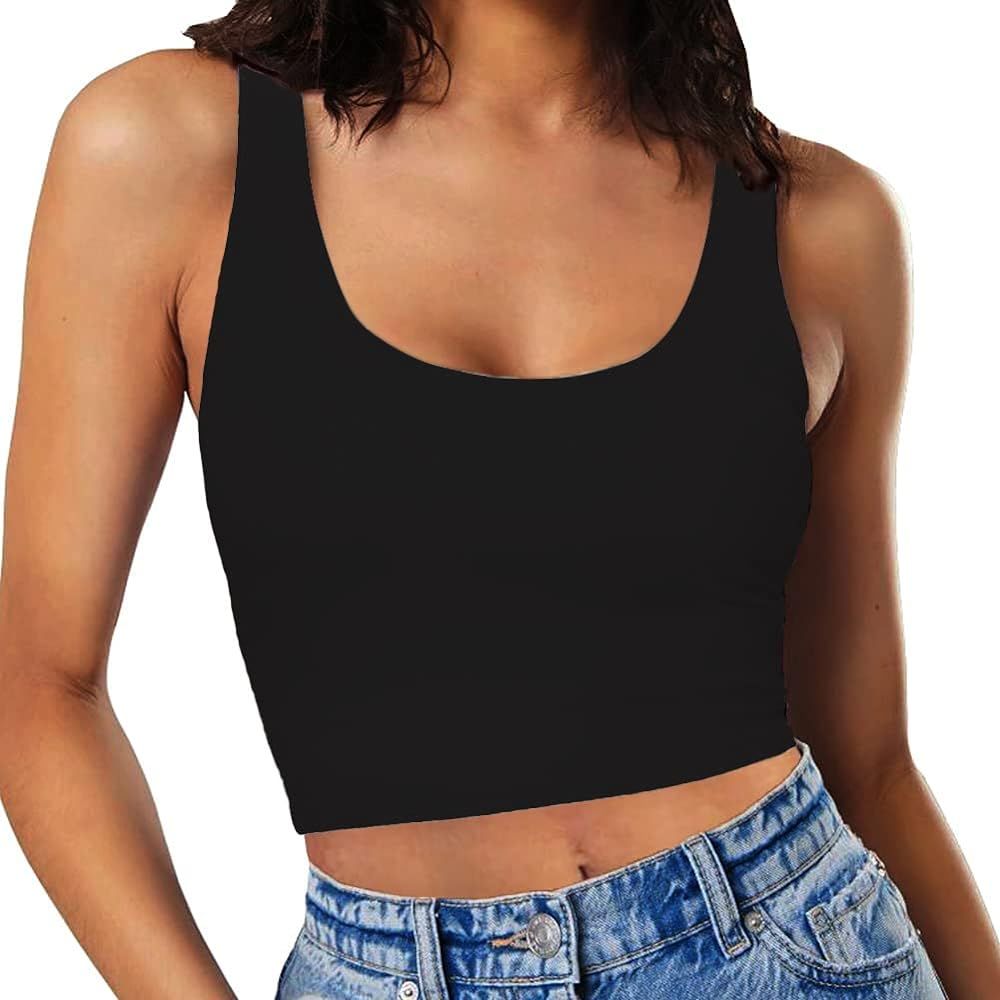 SanxiawaBa Women’s Sexy Sleeveless Crop Tops Double Layer Scoop Neck Cropped Tank Top | Amazon (US)