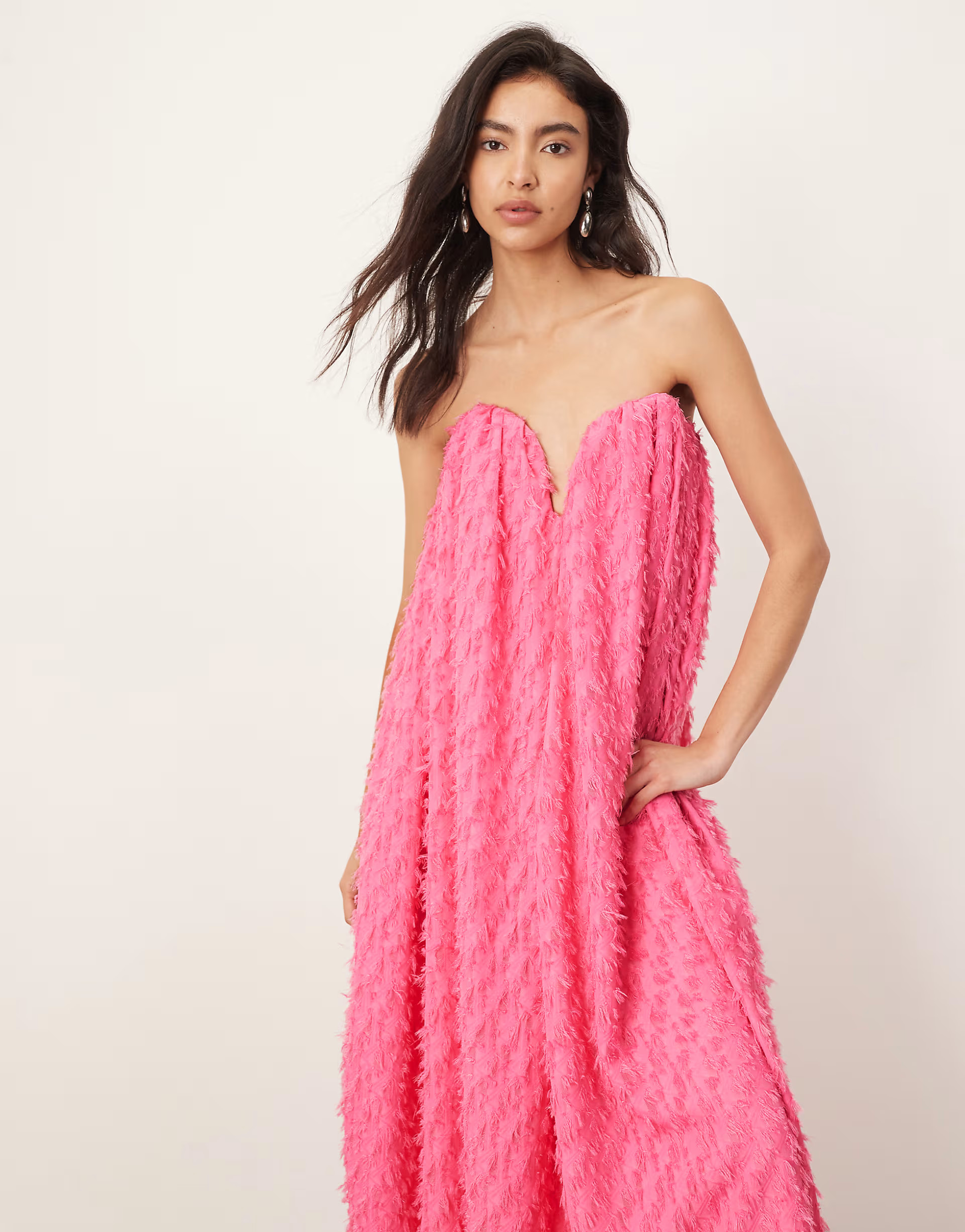 ARRANGE texture volume corseted bandeau maxi dress in pop pink | ASOS (Global)