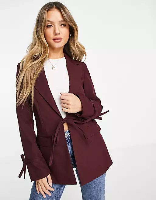 Miss Selfridge tie detail blazer in burgundy | ASOS | ASOS (Global)