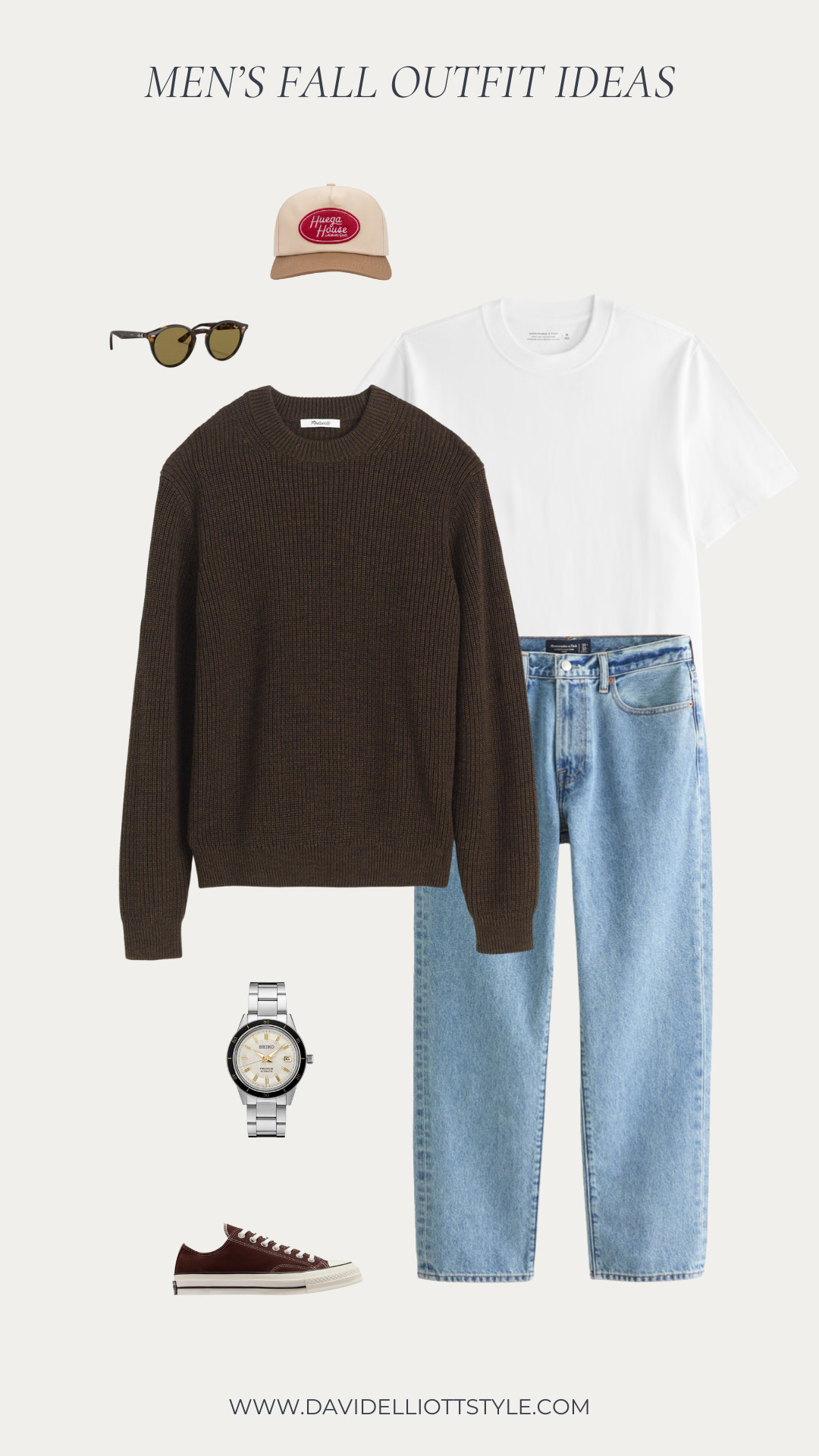 Brown cotton crewneck sweater casual outfit for early fall. 

 #LTKMens