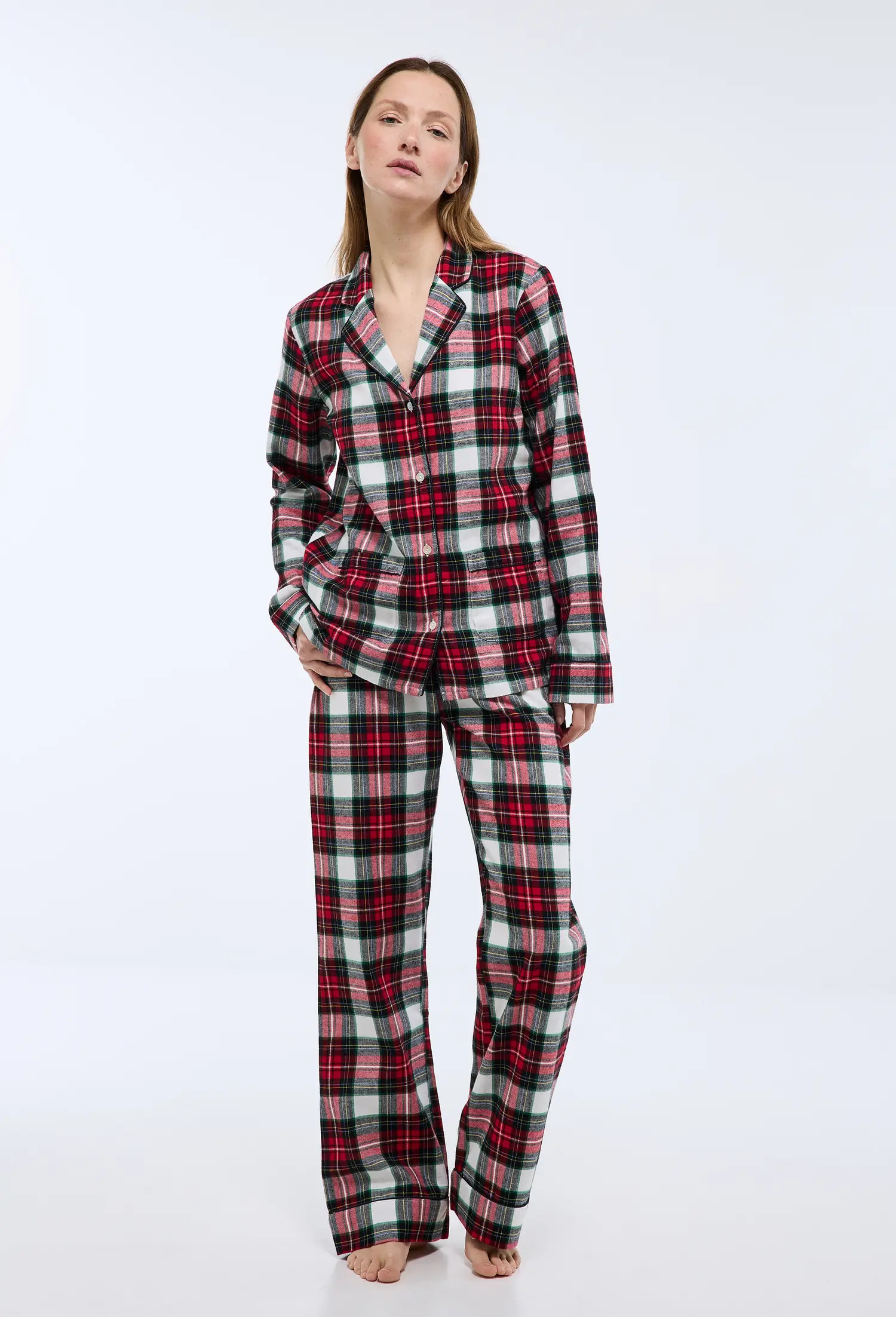 Pyjama col tailleur à carreaux en flanelle 100% coton BIO | Monoprix Mode