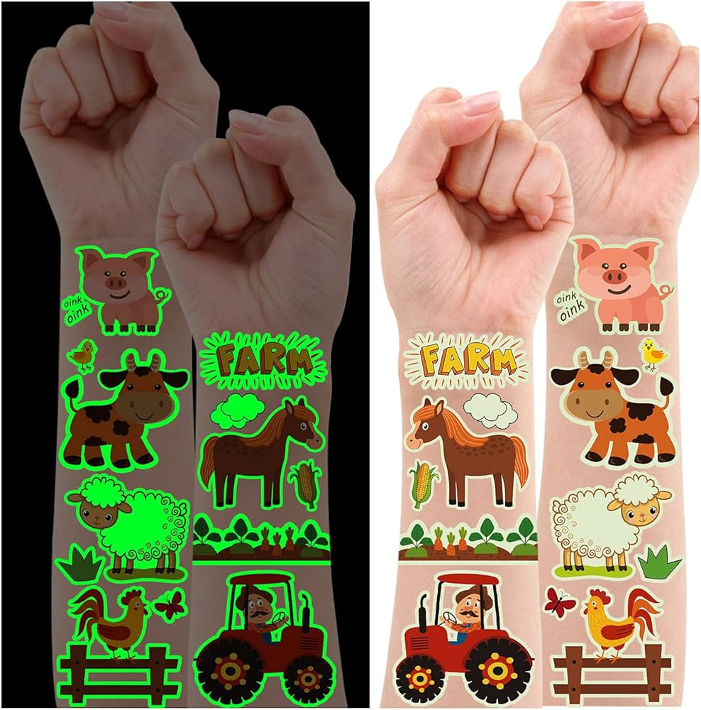 Partywind 165 Styles Glow Farm Animal Birthday Party Supplies Temporary Tattoos for Kids, Luminou... | Amazon (US)