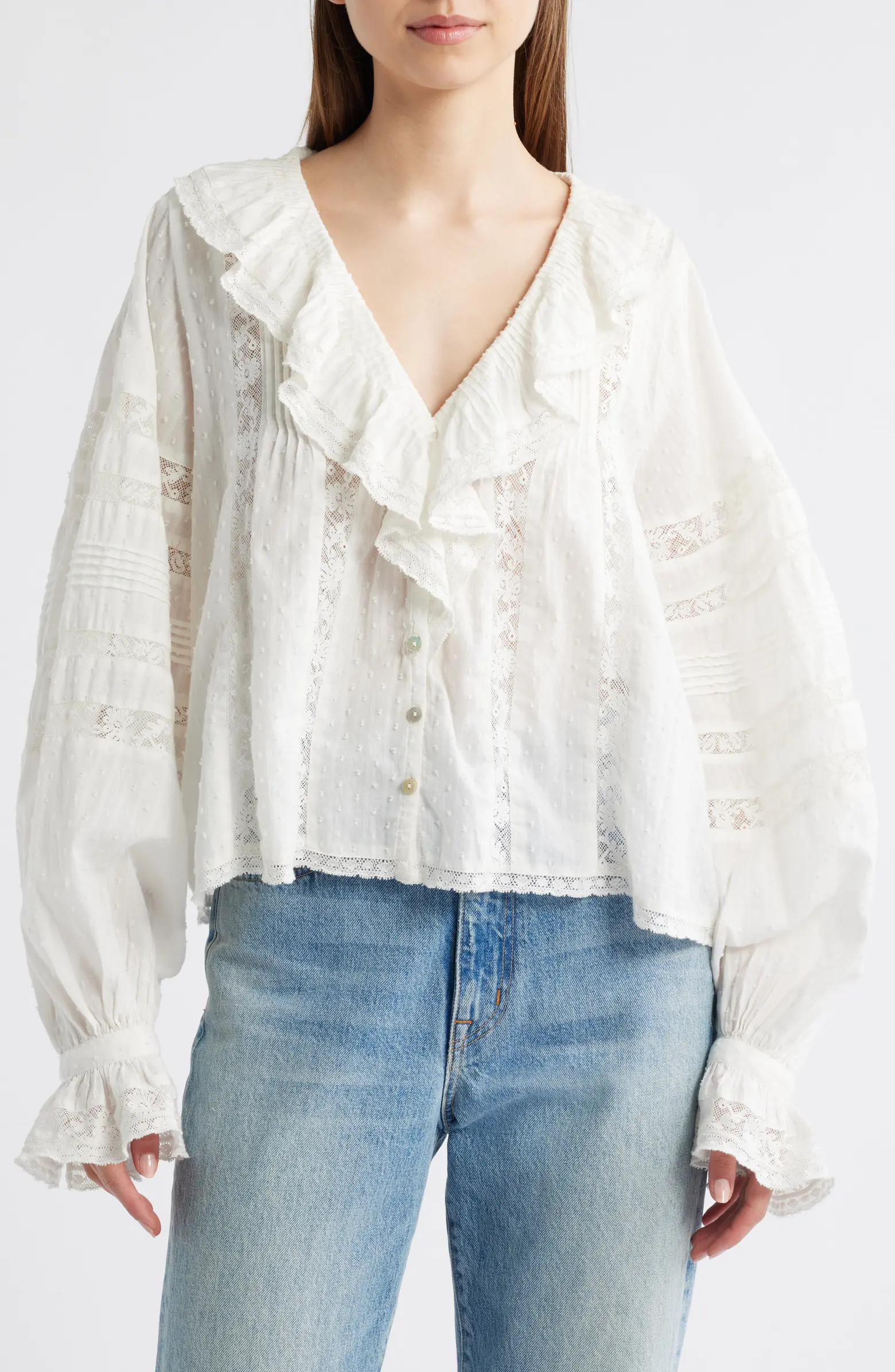 LoveShackFancy Rosabelle Lace Inset Clip Dot Button-Up Shirt | Nordstrom | Nordstrom
