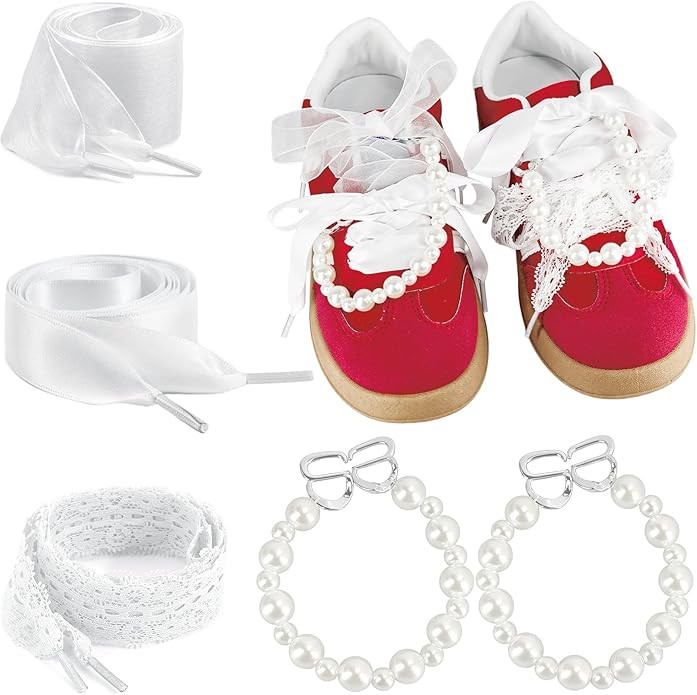 Satin Ribbon Shoelaces Combo Set with Pearl Shoe Charms, Romantic Wide Flat Laces for Sneaker Jew... | Amazon (US)