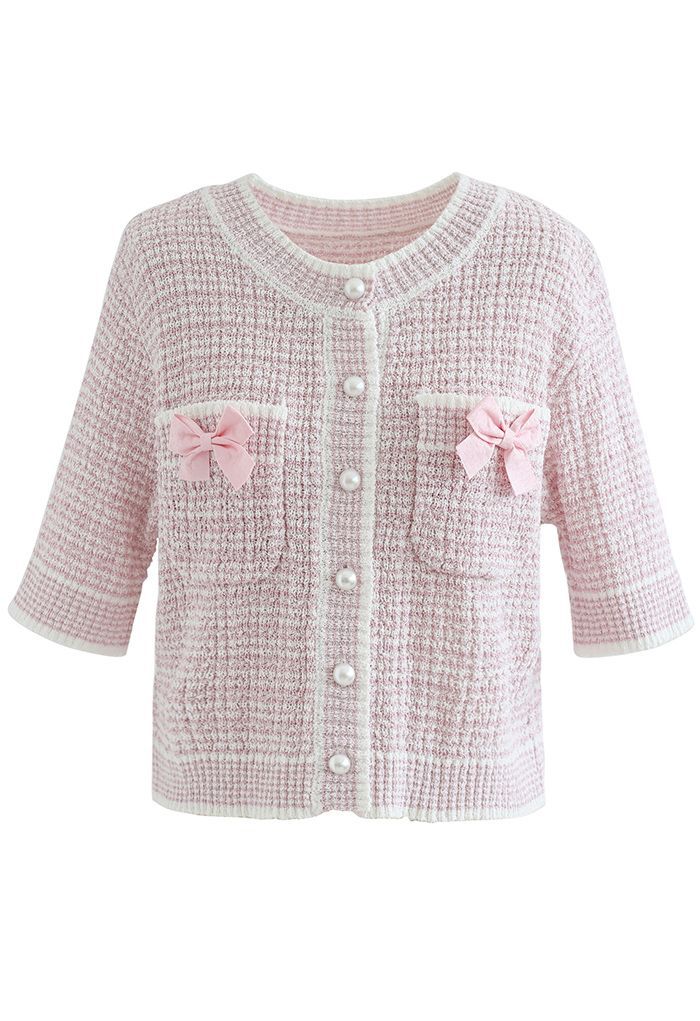 Bowknot Decorated Button Down Knit Cardigan in Light Pink | Chicwish
