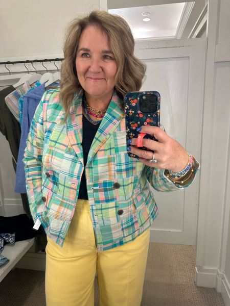 Madras plaid cropped blazer. 

A great combo of retro and modern and so many colors! I’m wearing the XL petite. 

Yellow jeans size 12
Tee size L
Sneakers tts 

#LTKSaleAlert #LTKMidsize #LTKOver40