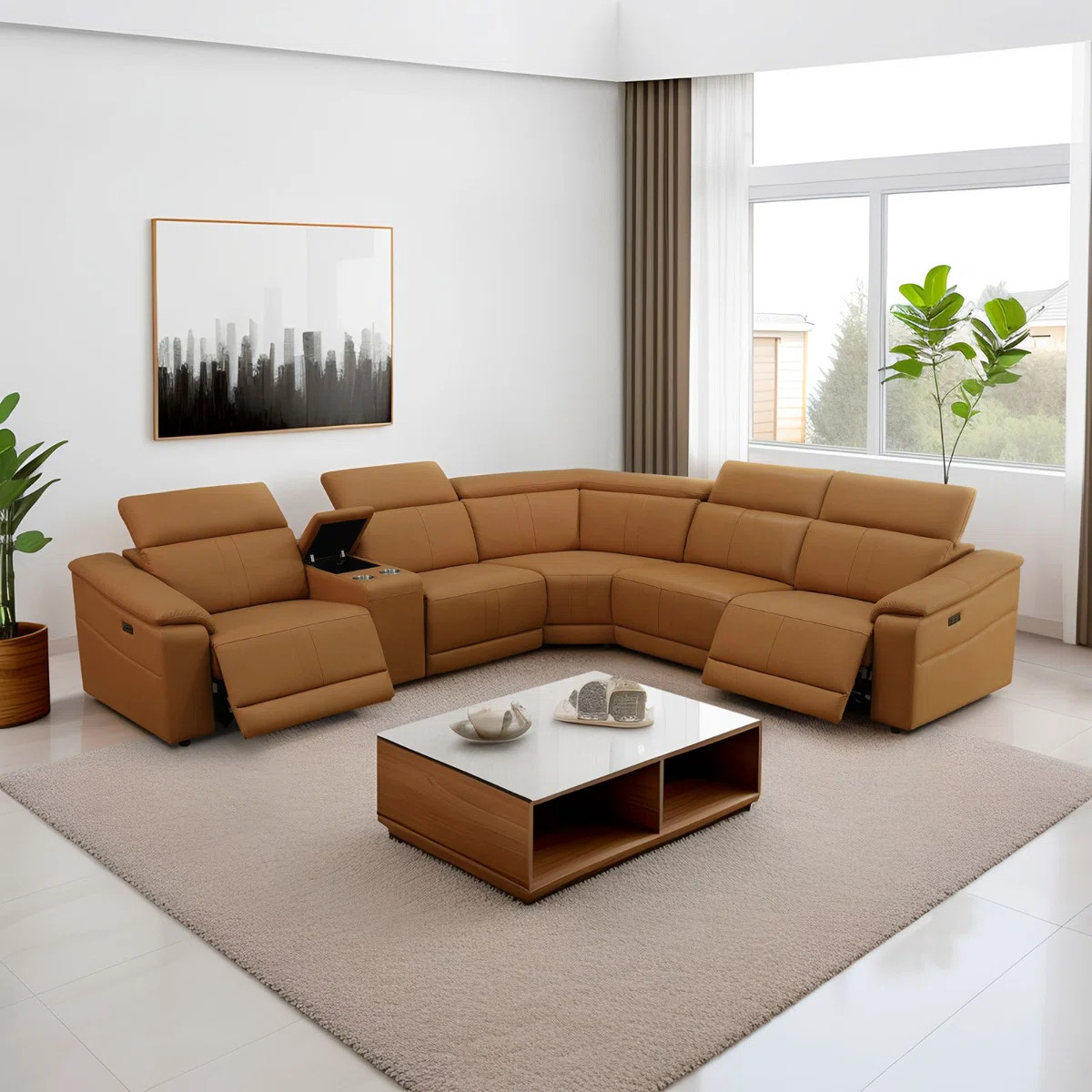 Top Breathing Leather 6-Piece 119" Living Room Upholstered Power Reclining Sectional  With Consol... | Wayfair North America