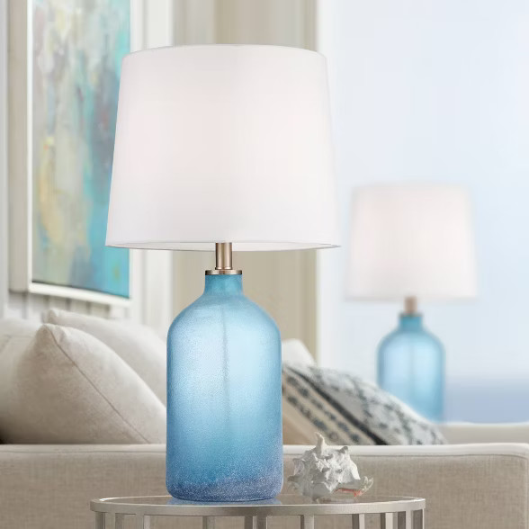 360 Lighting Coastal Table Lamps 27" Tall Set of 2 Frosted Sea Blue Glass White Drum Shade for Li... | Target