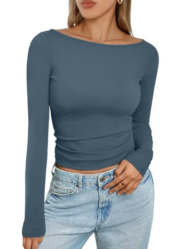 Trendy Queen Women's Boat Neck Tops Long Sleeve Shirts Casual Fitted Tee Shirts Solid Color Fall ... | Amazon (US)