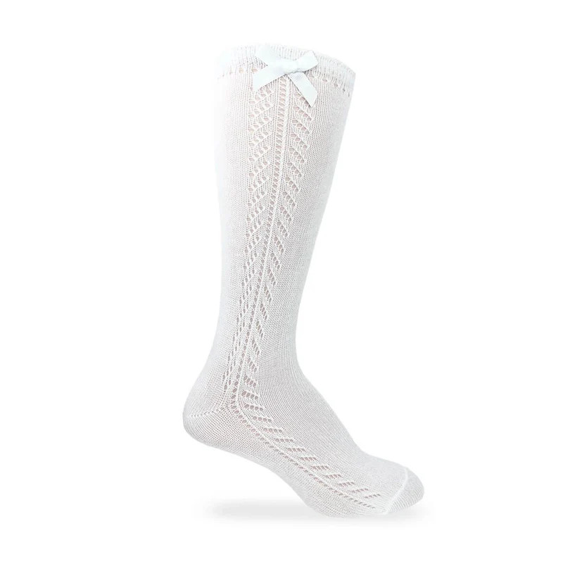 Pointelle Bow Knee High Socks for Girls in White & Pink | Classic Whimsy