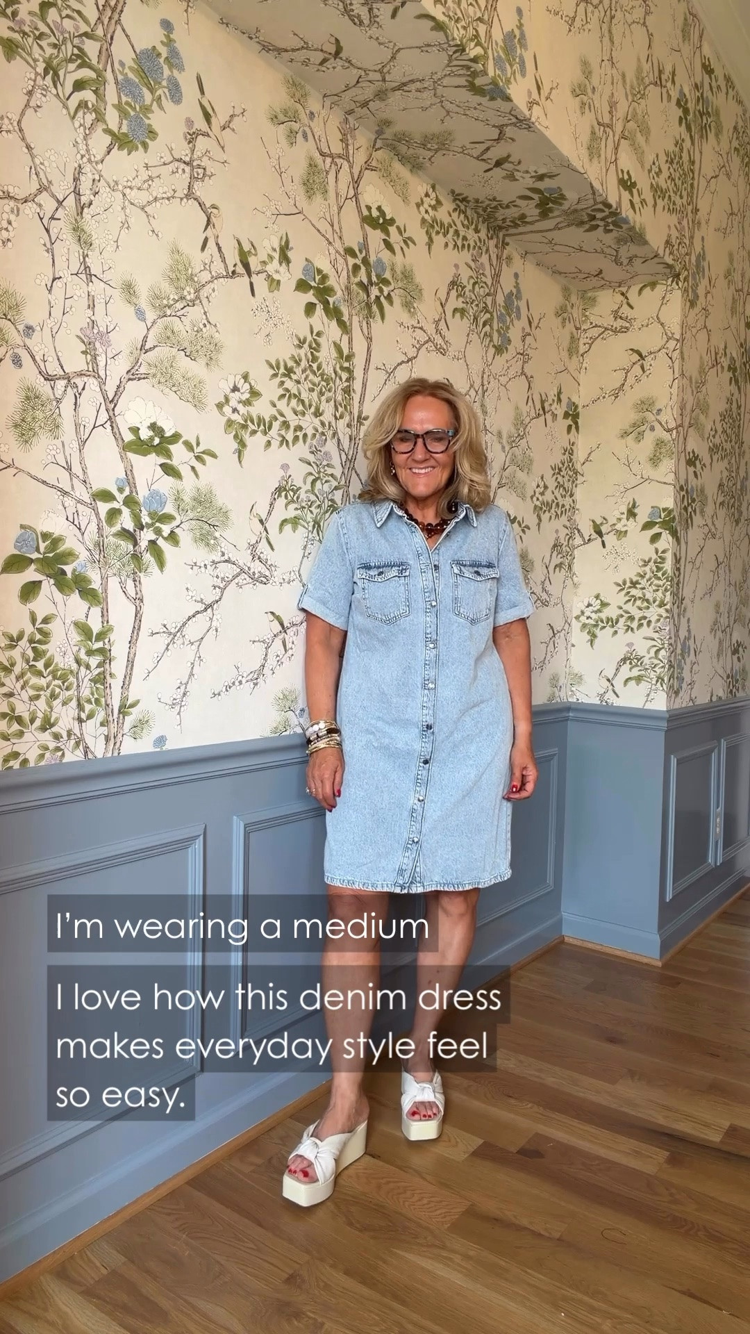 A denim dress like this makes getting dressed pretty easy, and I really like the button front and shirt dress feel. I’m wearing a medium here, and the platform wedges give it a little more polish.

#LTKgrwm #LTKdayinmylife #LTKootd