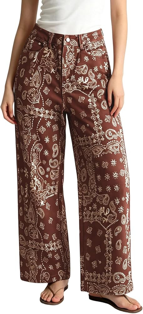 ebossy Women's Floral Print Denim Pants Boho Y2k Aesthetic Wide Leg High Rise Boyfriend Baggy Jea... | Amazon (US)