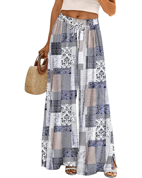 YESNO Women Summer Flowy Wide Leg Pants Drawstring Elastic Waist Casual Lounge Beach Palazzo Trou... | Amazon (US)