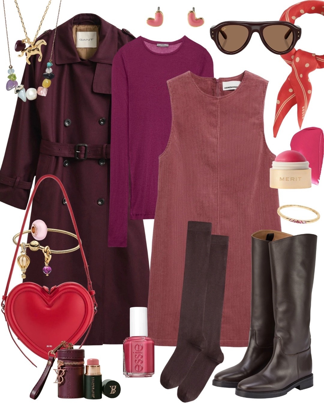 Herbst Outfit mit Cordkleid und Trenchcoat in Beerentönen.