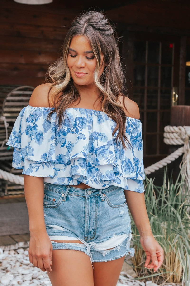 Bloom Beauty Blue Floral One Shoulder Top | Apricot Lane Boutique
