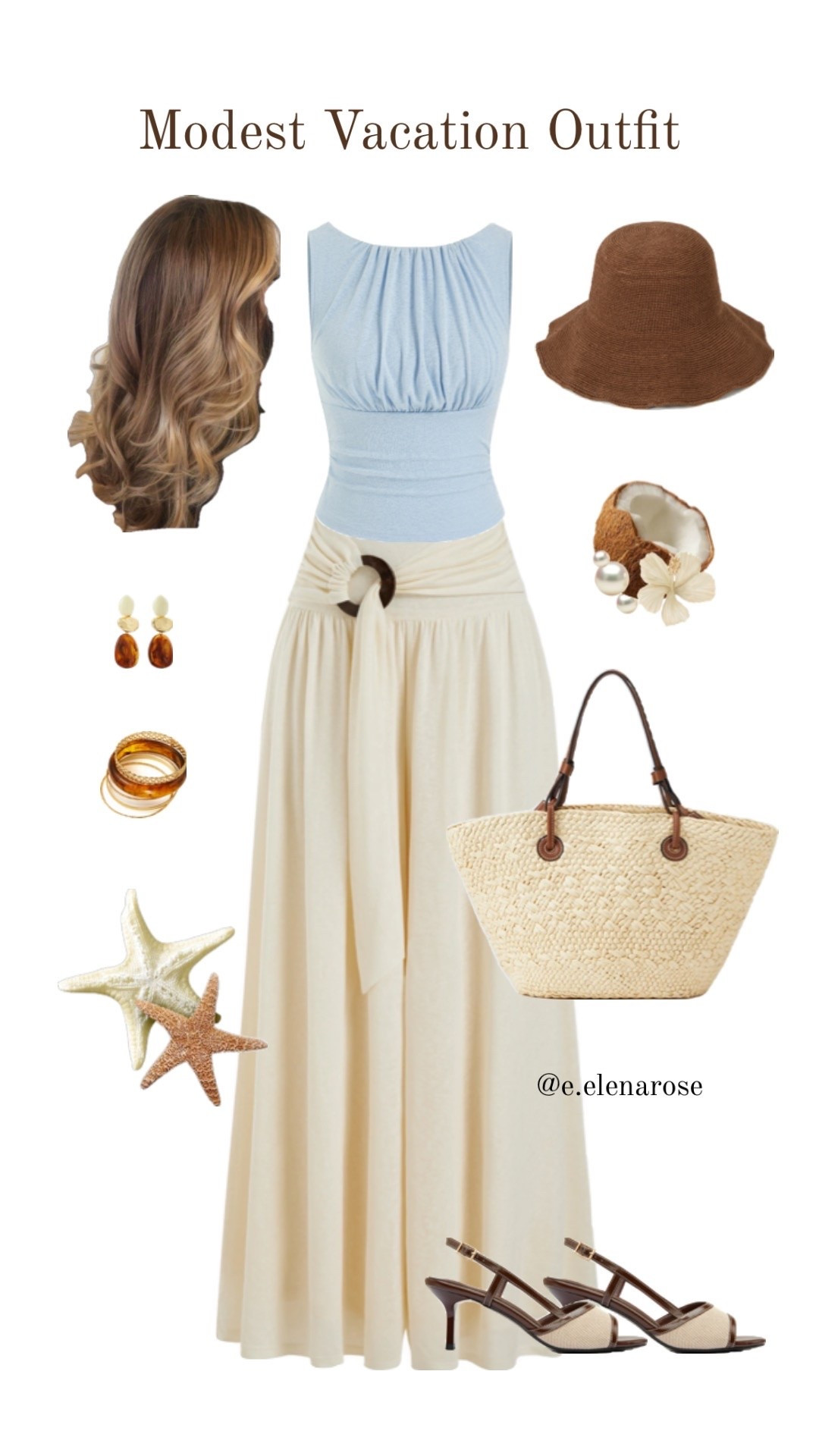Modest Coastal Vacation Outfit

modest vacation outfit, coastal summer outfit, modest beach outfit, elegant holiday look, cream maxi skirt, blue ruched top, straw beach bag, brown sun hat, slingback heels, feminine summer style, resort wear outfit, Mediterranean outfit, neutral summer outfit, classy vacation outfit, beach holiday fashion