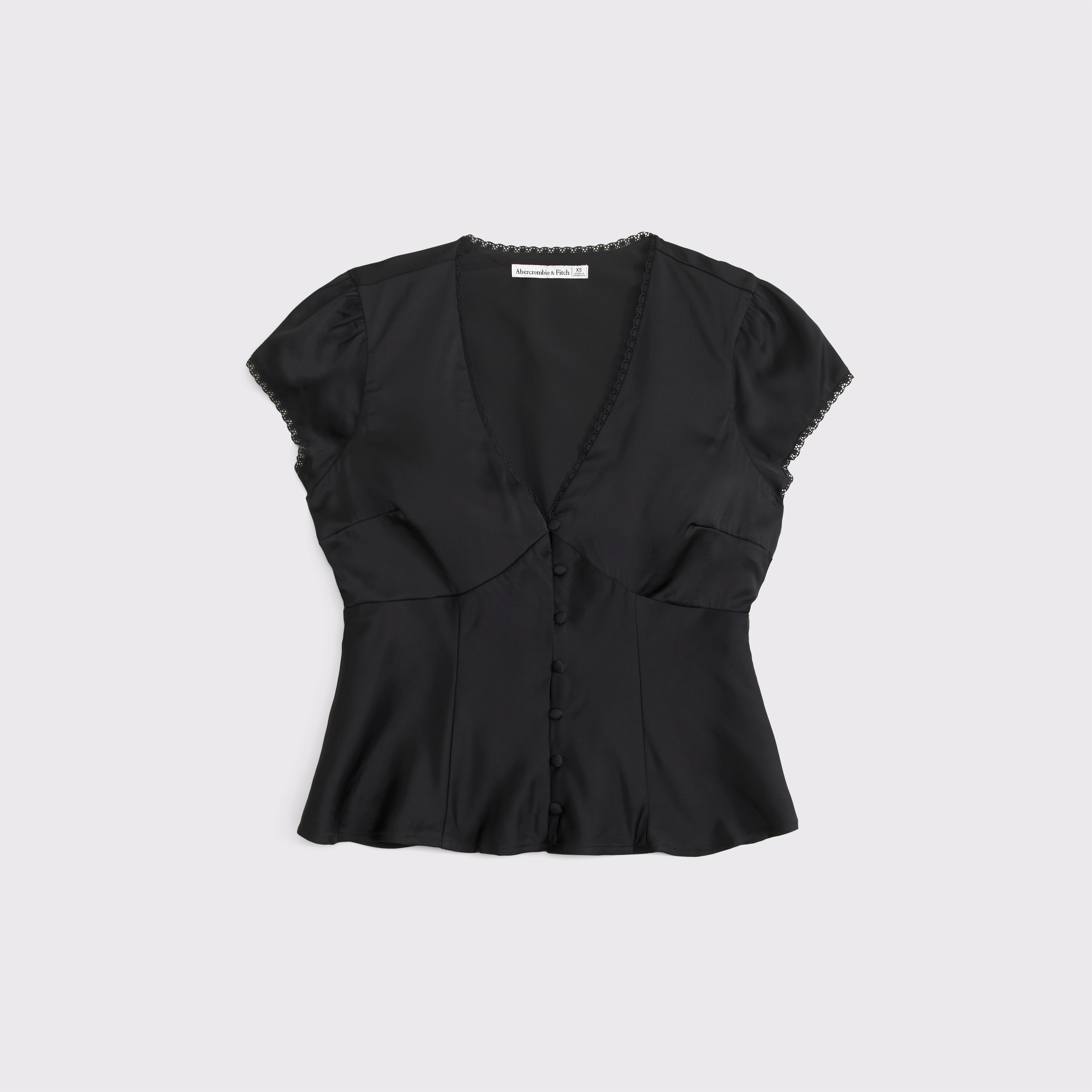Lace-Trim Satin Button-Up Blouse | Abercrombie & Fitch (US)