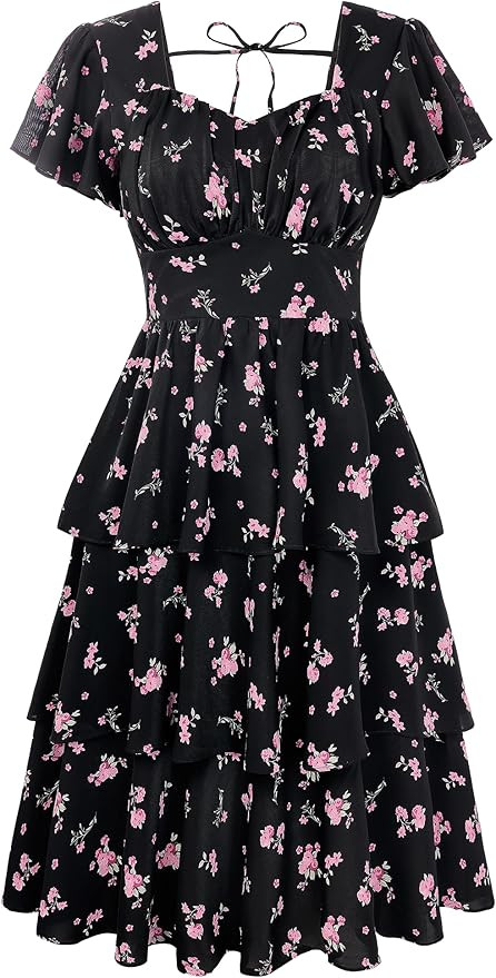 Belle Poque Women's Vintage Square Neck Dress 2026 Summer Short Sleeve Layered Tiered Ruffle A-li... | Amazon (US)