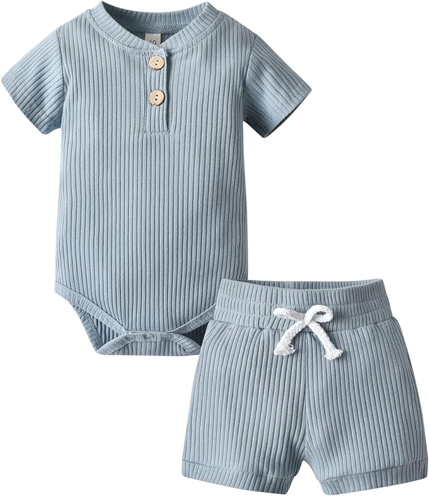 Summer Newborn Baby Boy Girl Clothes Solid Color Ribbed Romper and Shorts Outfits Set | Amazon (US)