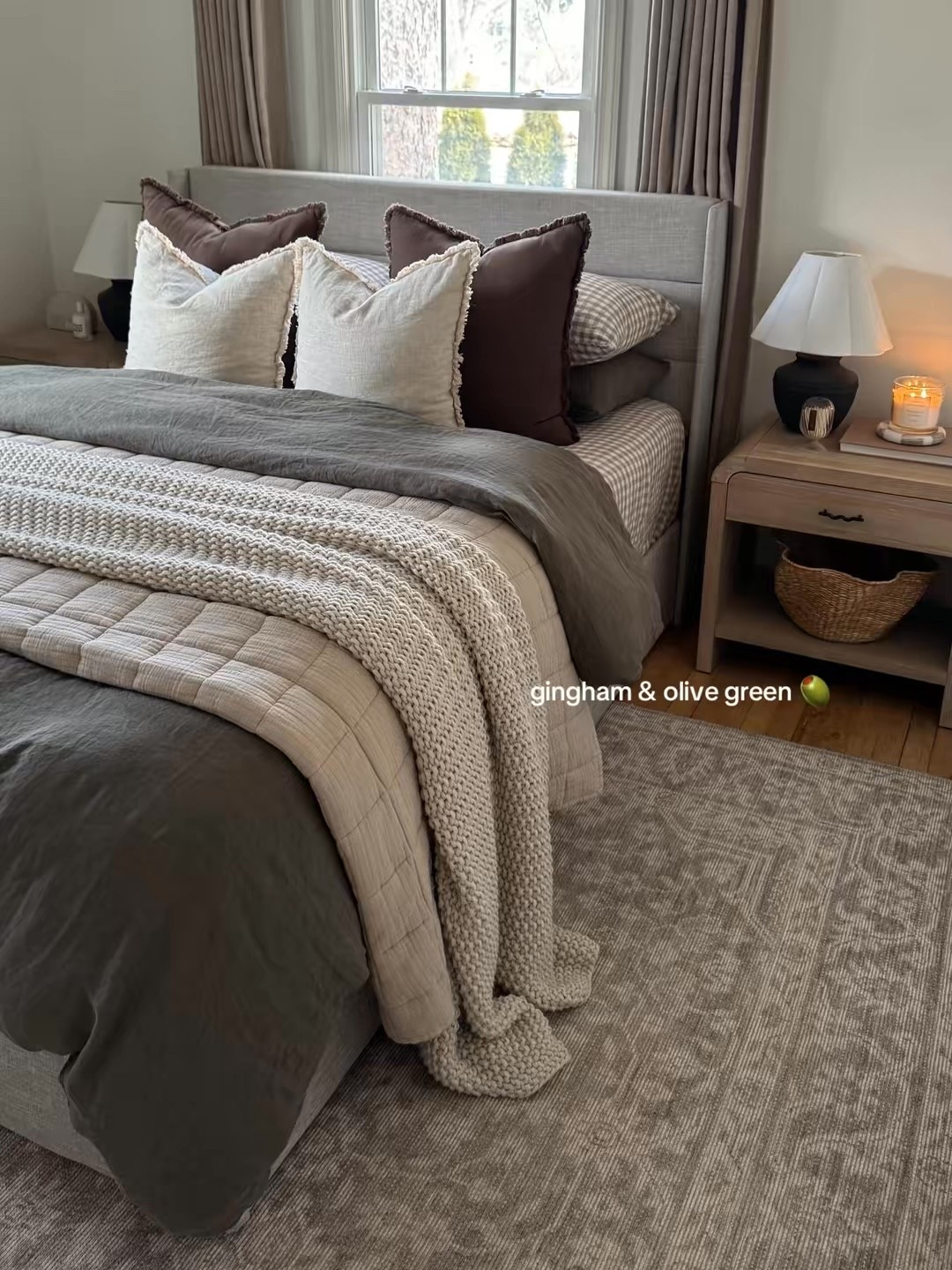 cozy fall bedding combo! gingham & dusty olive ☁️ use code INFG-26SALEAONEILL10 for 10% off your first quince order! 

fall bedding, cozy bedding,
Linen bedding, quince bedding