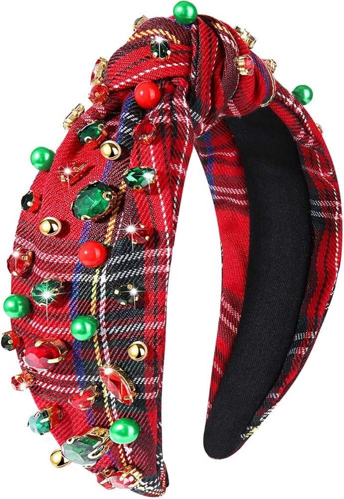 NVENF Christmas Headband for Women Jeweled Xmas Plaid Headband Embellished Crystal Pearl Knotted ... | Amazon (US)