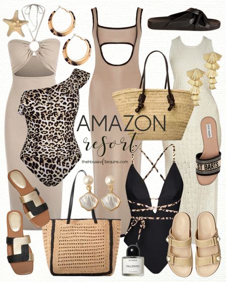 Shop these Amazon Vacation Outfit and Resortwear finds! Beach travel outfit, leopard swimsuit, beach bag, straw tote bag, maxi dress, crochet dress, cutout dress Steve Madden sandals and more! 