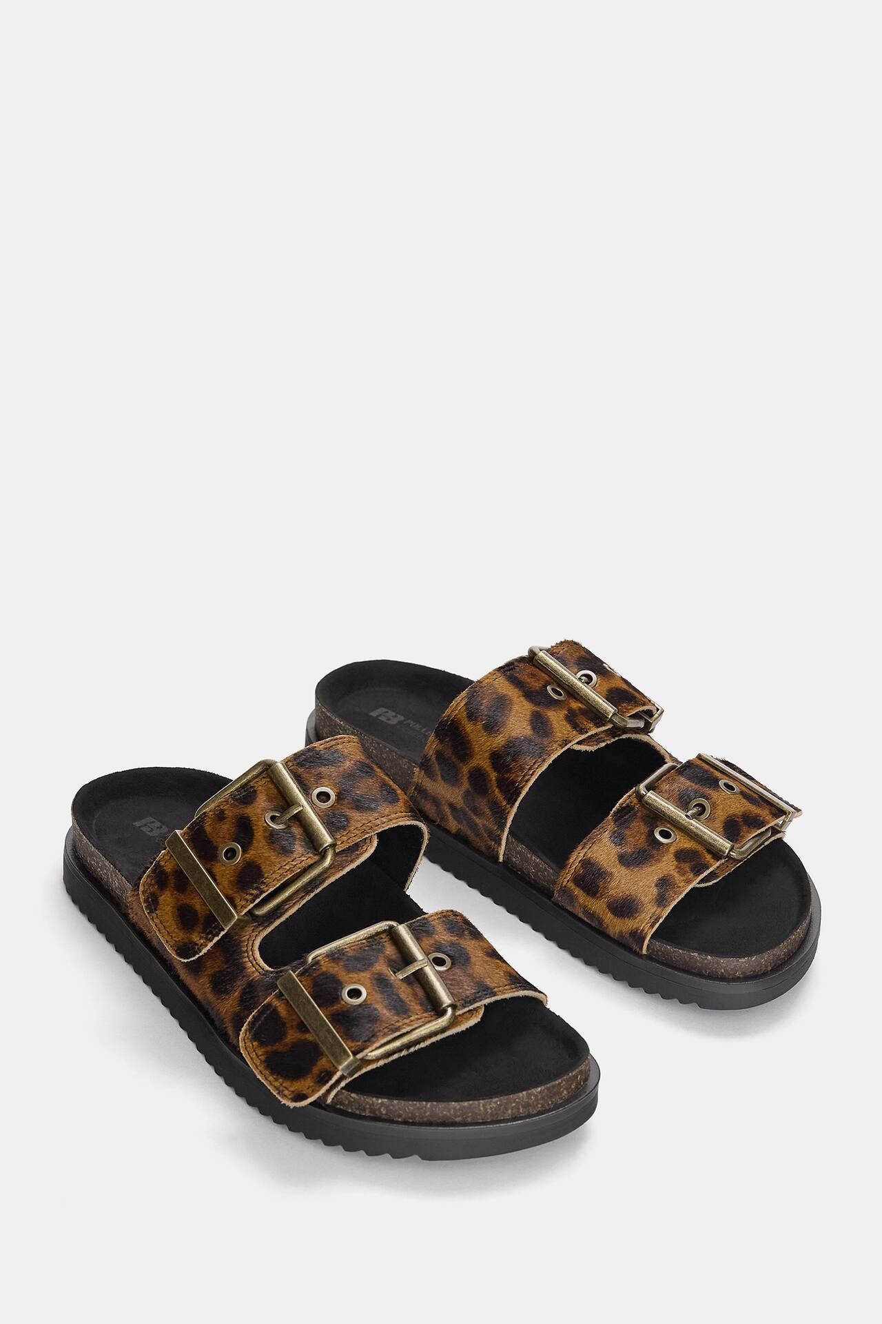 Animal print flat slider sandals | PULL and BEAR UK