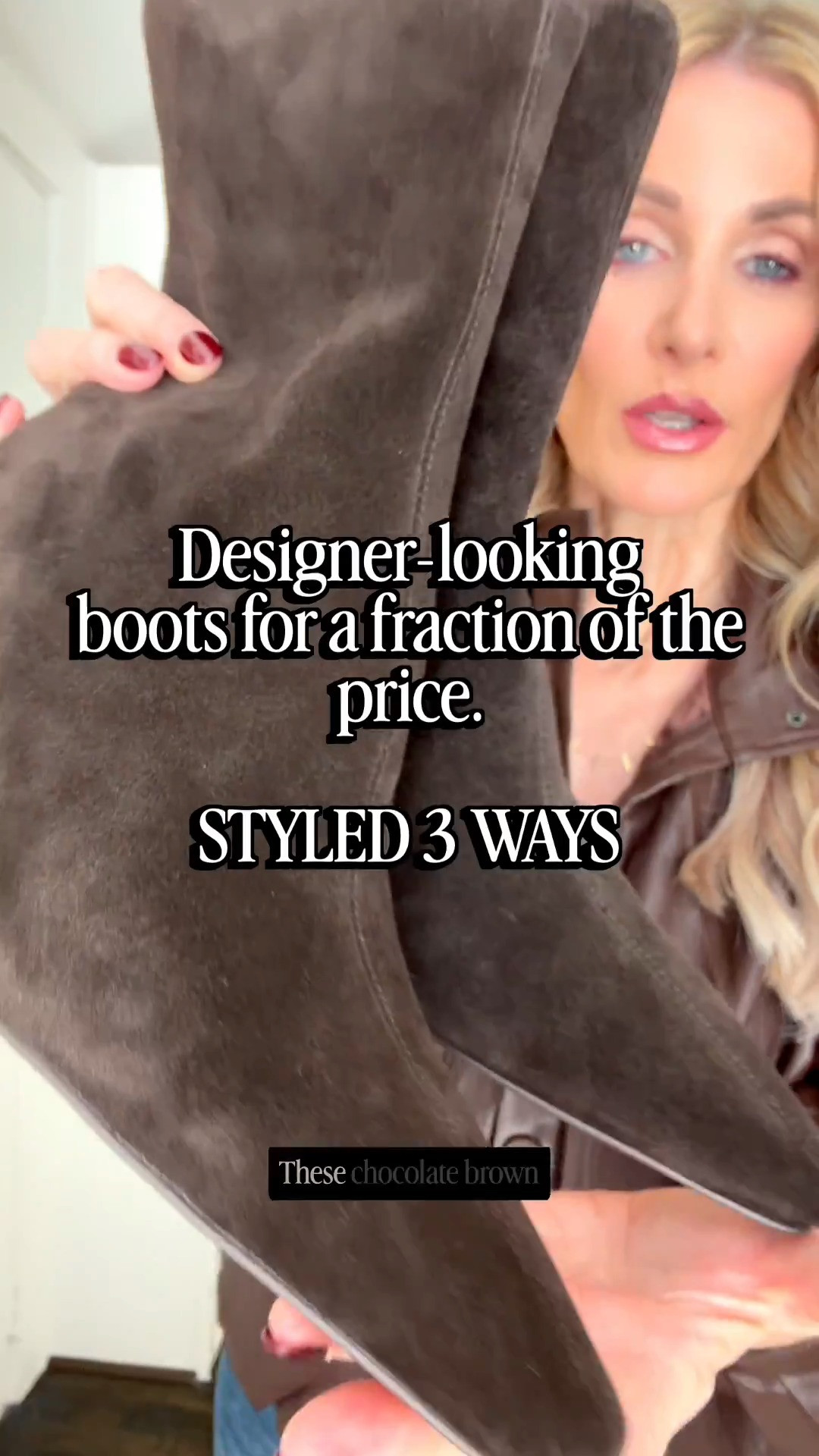 Designer-looking boots. Fraction of the price. These chocolate brown suede booties are fall perfection. The low heel makes them comfortable enough to wear all day, and the rich suede reads high-end in every outfit. Here's the formula: a brown tank or tube top plus dark wash wide leg jeans. Keep that base, then switch the jacket to create three completely different looks. 3 ways to style them: 1. Chocolate brown faux leather jacket. Brown on brown looks rich and polished, and this is the fall jacket you'll wear on repeat. 2. Veronica Beard navy cropped jacket. Navy and brown are an underrated pairing, and the gold buttons make it look luxe. 3. Alice and Olivia burgundy vegan leather jacket. This is the fall color of the season, and the gold hardware ties it all together. One base outfit and three jackets means you get more wear from pieces you already own. Which look is your favorite, 1, 2, or 3? Tell me below 👇 Shop everything on my LTK. Sizing: Jackets: XS (Veronica Beard: size 0) Jeans: 24 

 

#LTKootd #LTKgrwm #LTKOver40