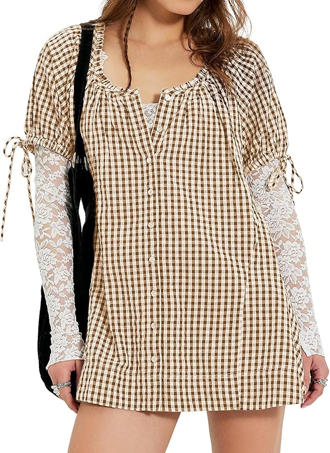 Womens Gingham Tunic Casual Puff Sleeve Pleated Scoop Neck Button Down Shirts Summer Tops Loose F... | Amazon (US)