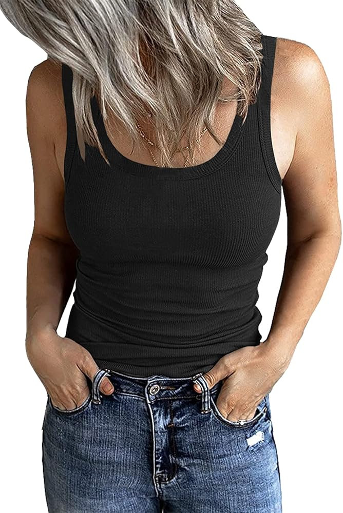 GEMBERA Women's Sleeveless Scoop Neck Ribbed Tank Tops Fitted Basic Cami Tee Shirts | Amazon (US)