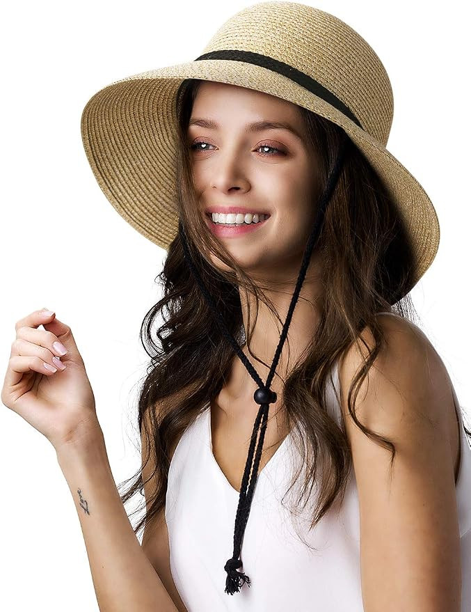 Womens Wide Brim Sun Hat with Wind Lanyard UPF Summer Straw Sun Hats for Women | Amazon (US)