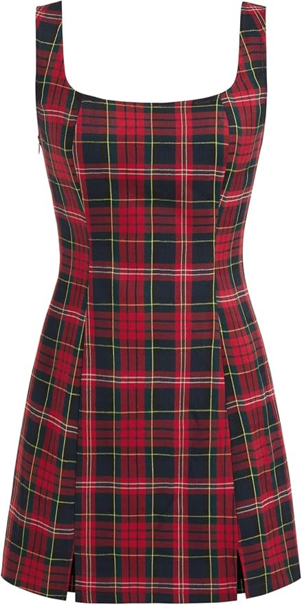 CIDER Mini Dress Plaid Checks Sleeveless Short Party Dress Scoop Neck Middle Waist Zipper Casual | Amazon (US)
