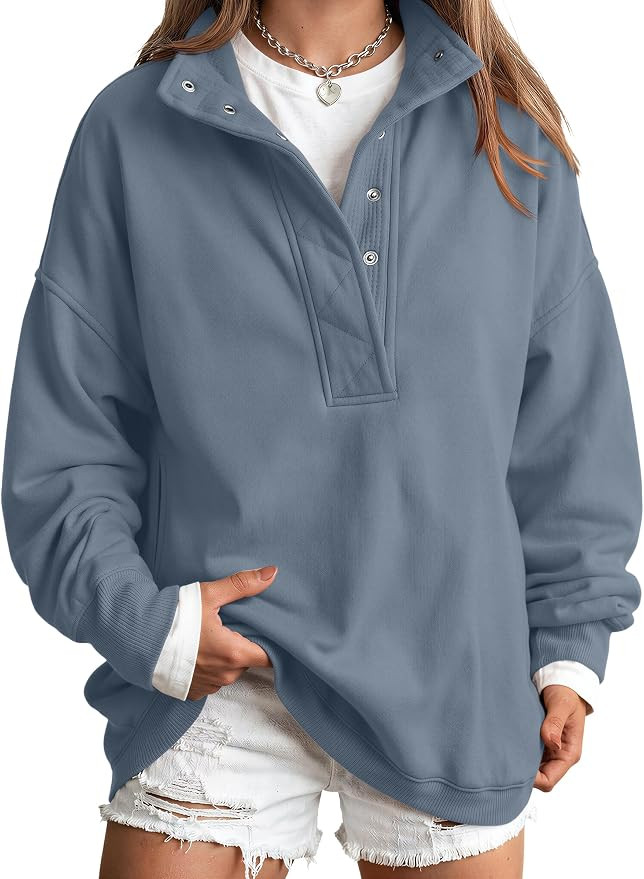 Trendy Queen Womens Oversized Sweatshirts with Snap Button Henley Collar | Amazon (US)