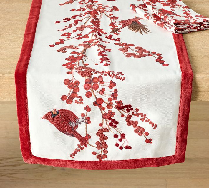 Cardinal & Berries Embroidered Cotton Table Runner | Pottery Barn (US)